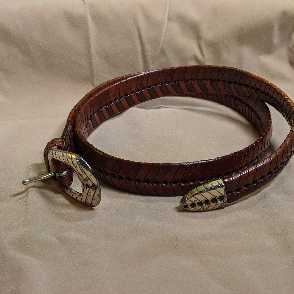 Vintage Braided Leather Belt With Silvertone Buckle And Tab